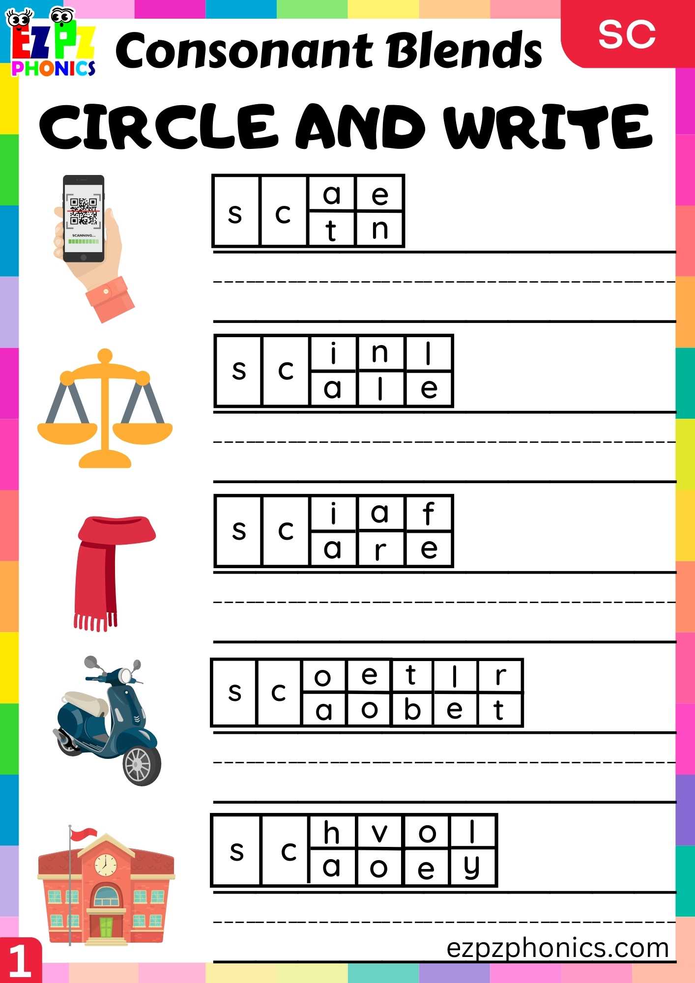 Group1 SC Words Circle And Write Phonics Consonant Blends Worksheet
